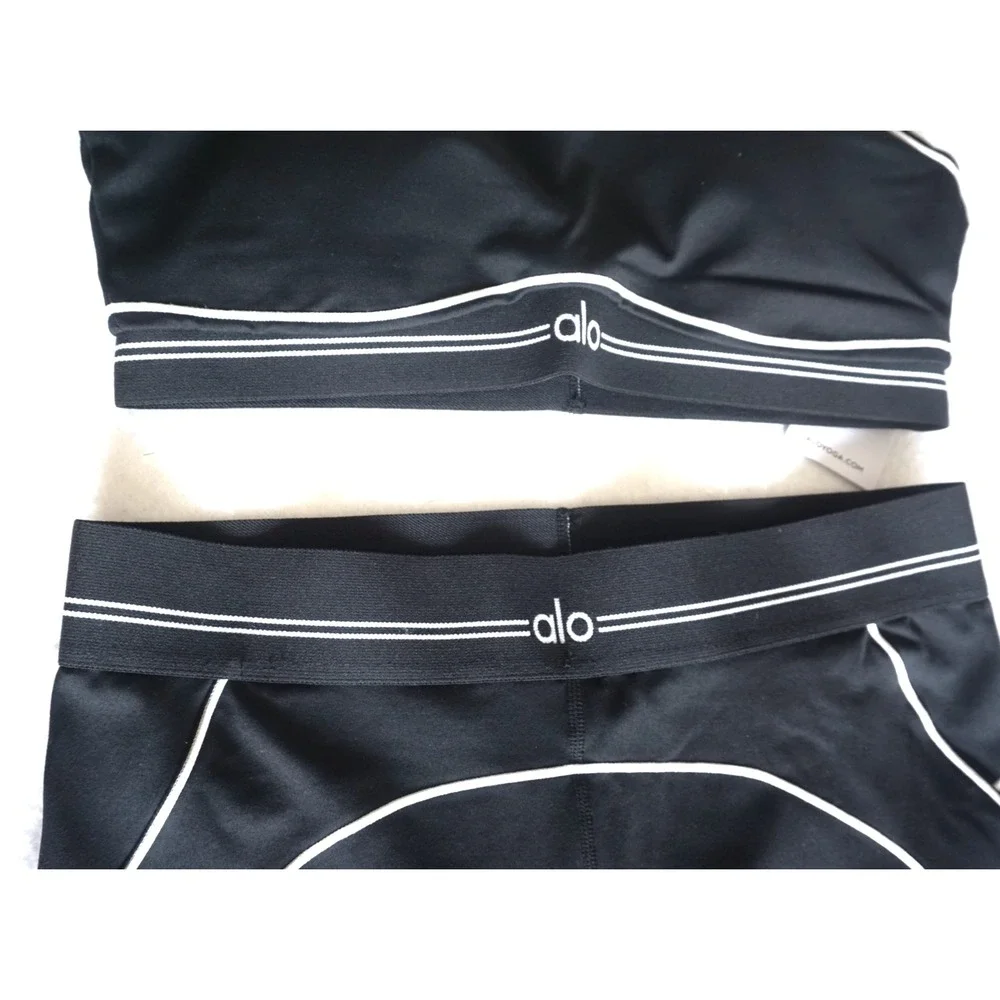 Alo Yoga Womens 2 Piece Set Sports Bra and Leggings Black White Piping XL